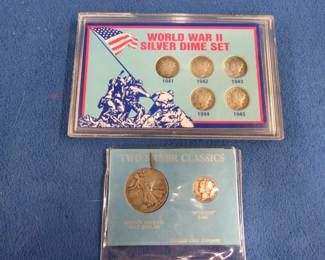 Lot 120. Two Silver coin sets: 1941 Liberty Walking Half dollar and Mercury dime. WWII silver dime set with one Mercury dime from each year from 1941 through 1945