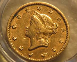 Lot 150. 1849 90% Gold Liberty $1 coin with total weight of 1.672 grams
