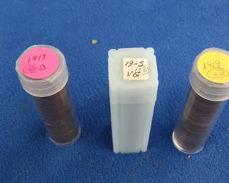 Lot 203. One roll of 50 Wheat pennies dated 1919 from each mint (150 total): 1919P, 1919D, and 1919S