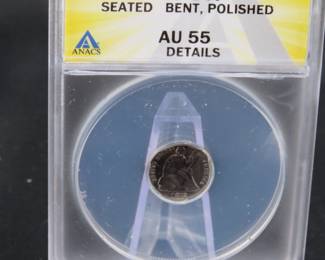 Lot 216. 1872 P 5-Cent/half dime slabbed and graded ANACS Seated Bent, Polished AU 55 Details