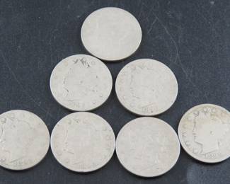 Lot 309. Seven Liberty V Nickels 1890, 1891, 1892, 1893, 1894, 1895, and 1896
