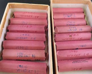 Lot 290. 15 rolls of 50 each (750 total) Lincoln Wheat cents from the 1940s