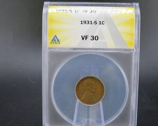 Lot 257. 1931 S Lincoln Wheat Cent slabbed and graded ANACS VF 30
