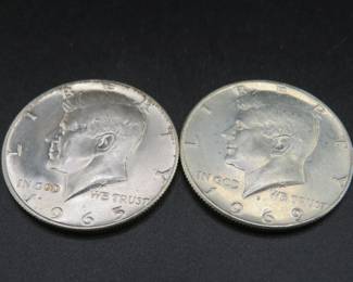 Lot 45. 1965 P and 1969 D Kennedy 40% silver Half Dollar coins