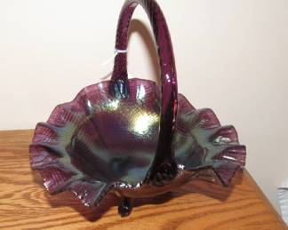Fenton iridescent carnival glass basket