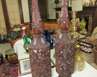 Heavily carved wooden candle holders 30"