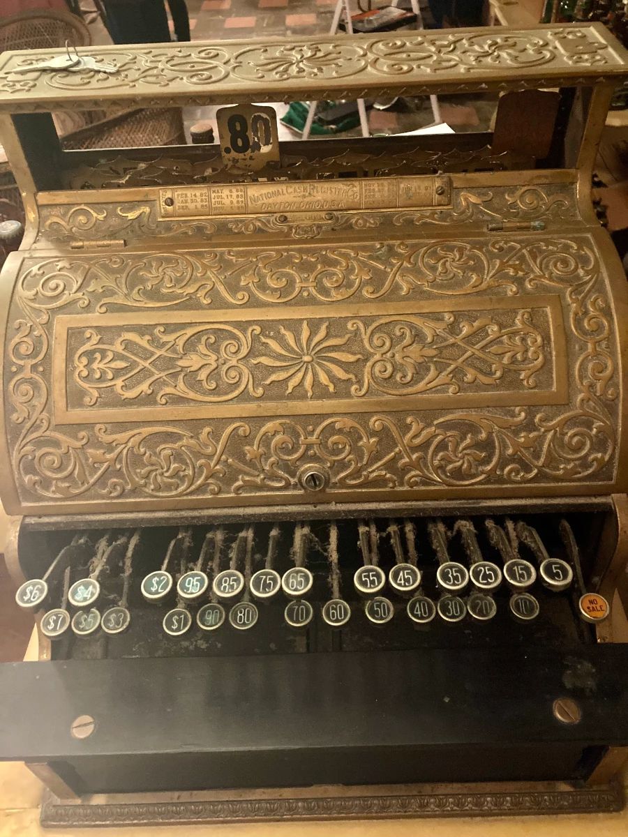 National Cash Register S14880 Late 19th Century early 1910s. Ornate Brass. HEAVY -- You'll need two people to move, and this is in the basement!
