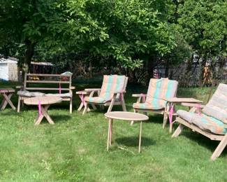 Vandy-Craft Painted Redwood Patio Furniture purchased through the Merchandise Mart in Chicago c. 1960s-70s; Round Metal Table; Pair of Painted Victorian Side Tables