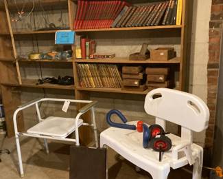 Assorted Encyclopedias; Wood Boxes; Shower Chair; Toilet Stool; Vintage Thigh Master Exerciser; Pair of Rolling Wheel Exercisers; Vintage Toilet Seat Cover