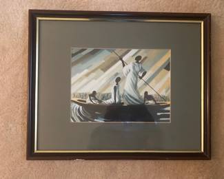 Framed & Matted African Scene of Boaters Print