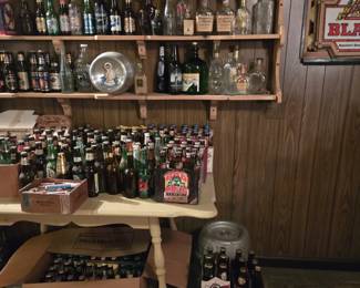 Great Breweriana! Beer & Liquor Bottle Collection - 200+ ; Beer Kegs; Vintage Yellow Kitchen Table