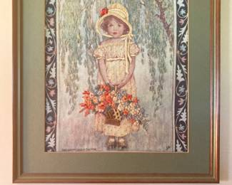 Framed & Matted Textile of Flower Basket by Jessie Wilcox Smith