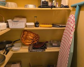 Pantry filled with bakeware, cookware, Mirro Matic Percolator in Box; Rival Crockpot in Box; Iron & Ironing Board; Toaster; Hand Mixer; Can Opener, Copper Cake Pane and much more!