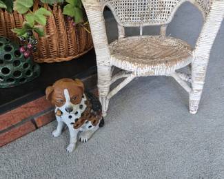 Child's Shabby Rattan Chair, Basket with Ivy, Large Dog Sculpture