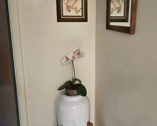Crock Bottled Water Dispenser on Wood Stand, Pair of Owl Prints, Framed Wall Mirror
