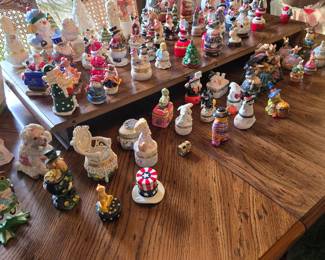 Large Collection of Porcelain Figural Trinket Boxes; Dining Table with Leaf & 6 Chairs