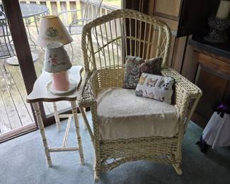 Antique Wicker Rocker; Decorative Pillows; White Side Table; Small Lamps