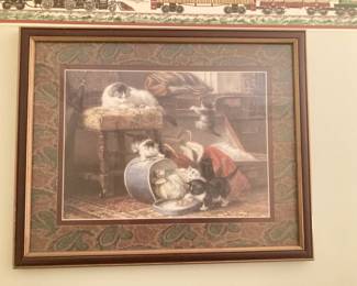 Framed Victorian Print of Cat & Kittens with Hat Box