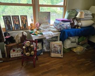 3 Bardot Clown Prints; Wood Rocking Hors; Red Painted Child's Chair; Teddy Bears; Pair of Painted Ceramic Hobby Lobby Girl Lamps; Kermit & Bert Painted Ceramic Wall Figurines; Song of the Lark Print (unframed); Lamps; Linens including comforters, blankets, sheets, snuggle fleece and much more!