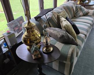 Striped Sofa; Decorative Pillows; Tilt Top Table; Brass Lamps & Candle Holders