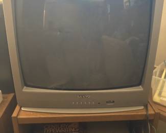 Sanyo Box TV; Typewriter in Case; 2-Shelf Laminate Stand
