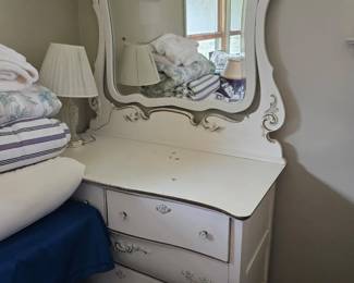 Antique Whit Painted Wood Dresser with Decorative Mirror