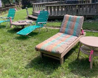 Pair of Vintage Chaise Loungers with Green Webbing; Cement Pedestal; Octagon-Shaped Wood & Wrought Iron Table; Chaise Lounger by Vandy-Craft from Merchandise Mart in Chicago; Victorian Painted Rattan Table
