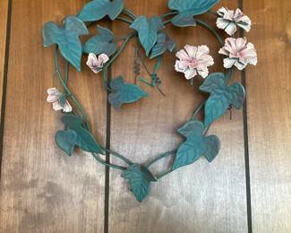 Metal Wall Sculpture -- Ivy & Flowers in Heart Shape