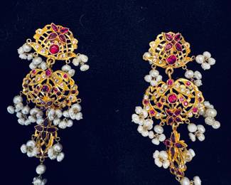 Exquisite 22K Ruby, Crystal and Pearl 'Chandelier' earrings