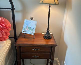 Mahogany side table, lamp and print