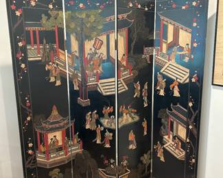 Asian screen. Floral decorations on back side, brass feet.