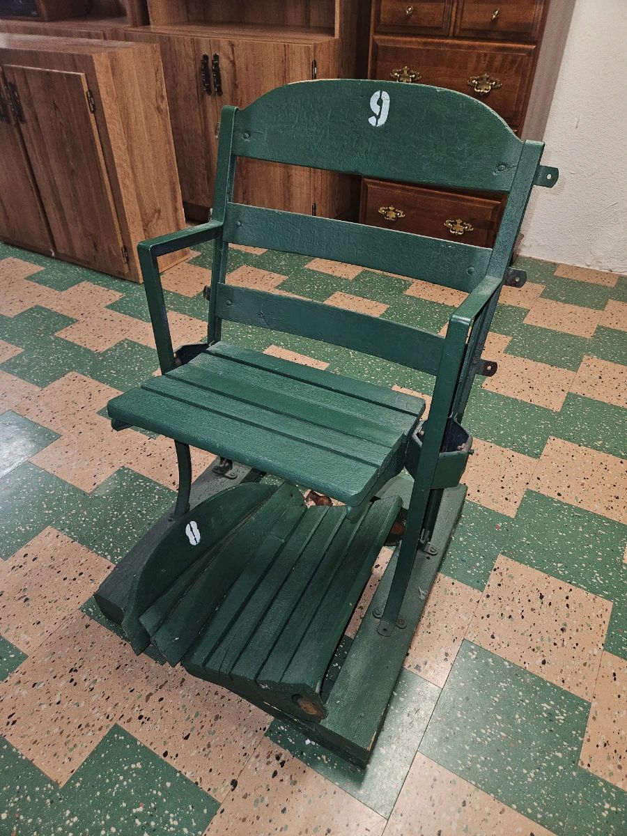 $200 Vintage Tiger Stadium seats, one with frame, number 8 wood underneath