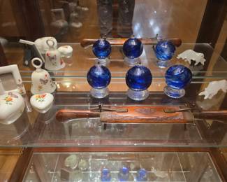 Vintage carving set from India, hand blown glass oil lamps