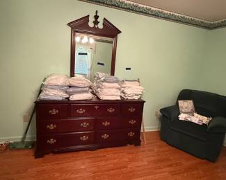 Cherry dresser & green recliner