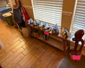 HAND CARVED LARGE PARROT, MUD BENCH AND MORE DUCKS.