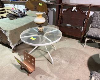 SINGLE GLASS TO PATIO TABLE, 2 TWIN BEDS ANTIQUE HEAD AND FOOT BOARDS.
