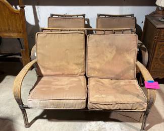 METAL PATIO BENCH AND CHAIRS.