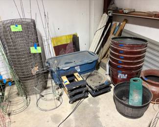 SEVERAL LARGE 22" PLANTERS, FURNITURE DOLLIES, PLANT DOLLIES, BLUE TOTE IS STAINED GLASS MATERIALS, AND FENCING.