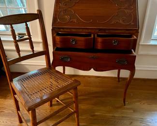 French Provincial Secretary Desk • Rush Seat Ladder-Back Chair