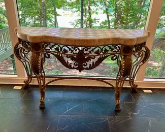 Ornate Wrought Iron & Stone Tile Console Table