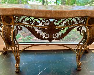 Ornate Wrought Iron & Stone Tile Console Table