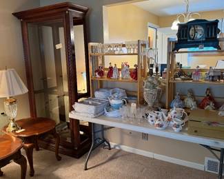 Royal Doulton and Josef figurines, capodimonte lamps, Duncan etched glass