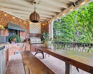 Wood slab dining table and benches