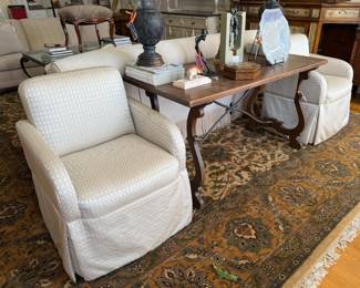 Pair of Rose tarlow armchairs and Antique trestle table