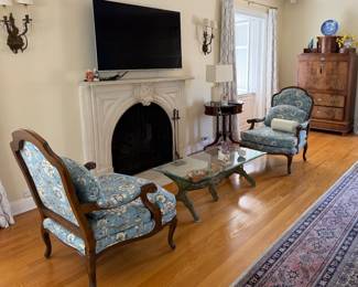Pair of French Blue & White Club Chairs