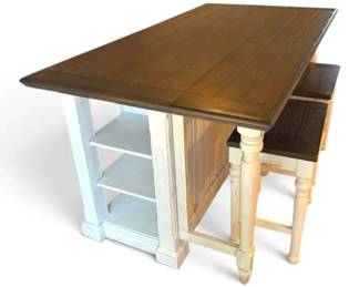 Wood White Distressed Kitchen Island With Barstools