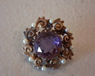 Victorian Amethyst and seed pearl broach, tested pos for gold