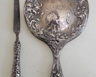 Art Nouveau Sterling Silver Repousse Hand Mirror