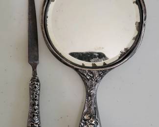 Art Nouveau Sterling Silver Repousse Hand Mirror