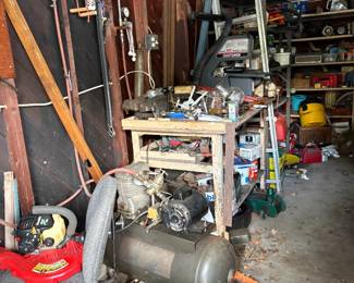 old compressor, band saw yard care.